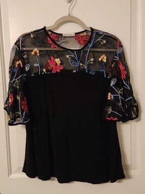 Black Embroidered Multicolor Florals Top with Mesh Size Large